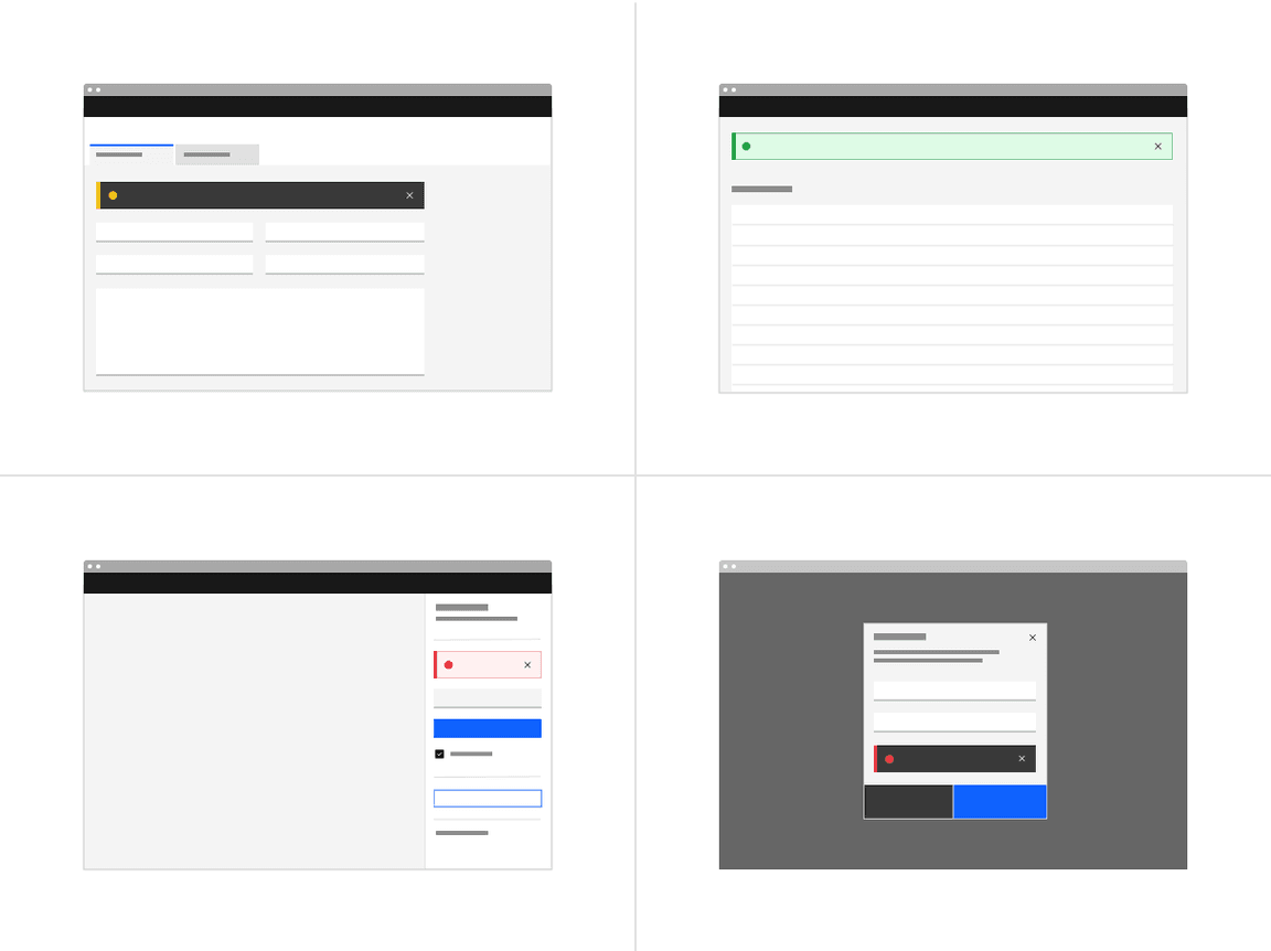 Examples of inline notification placements across different UI layouts