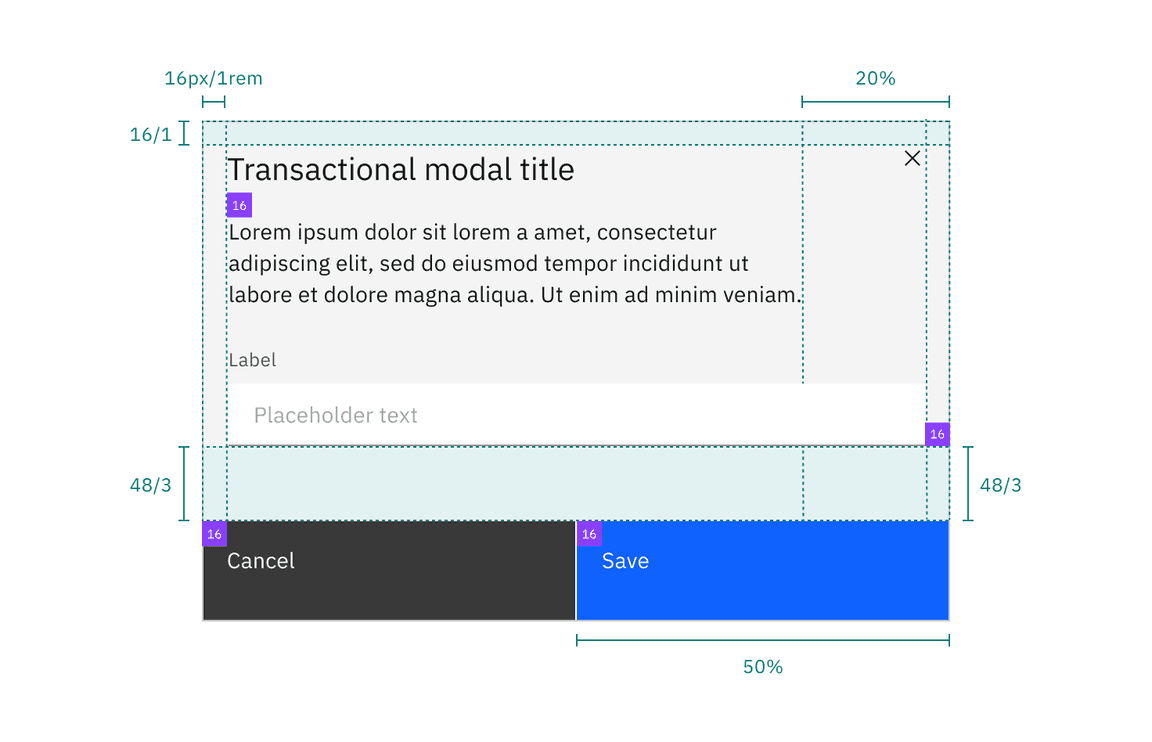 Structure and spacing measurements for a transactional modal