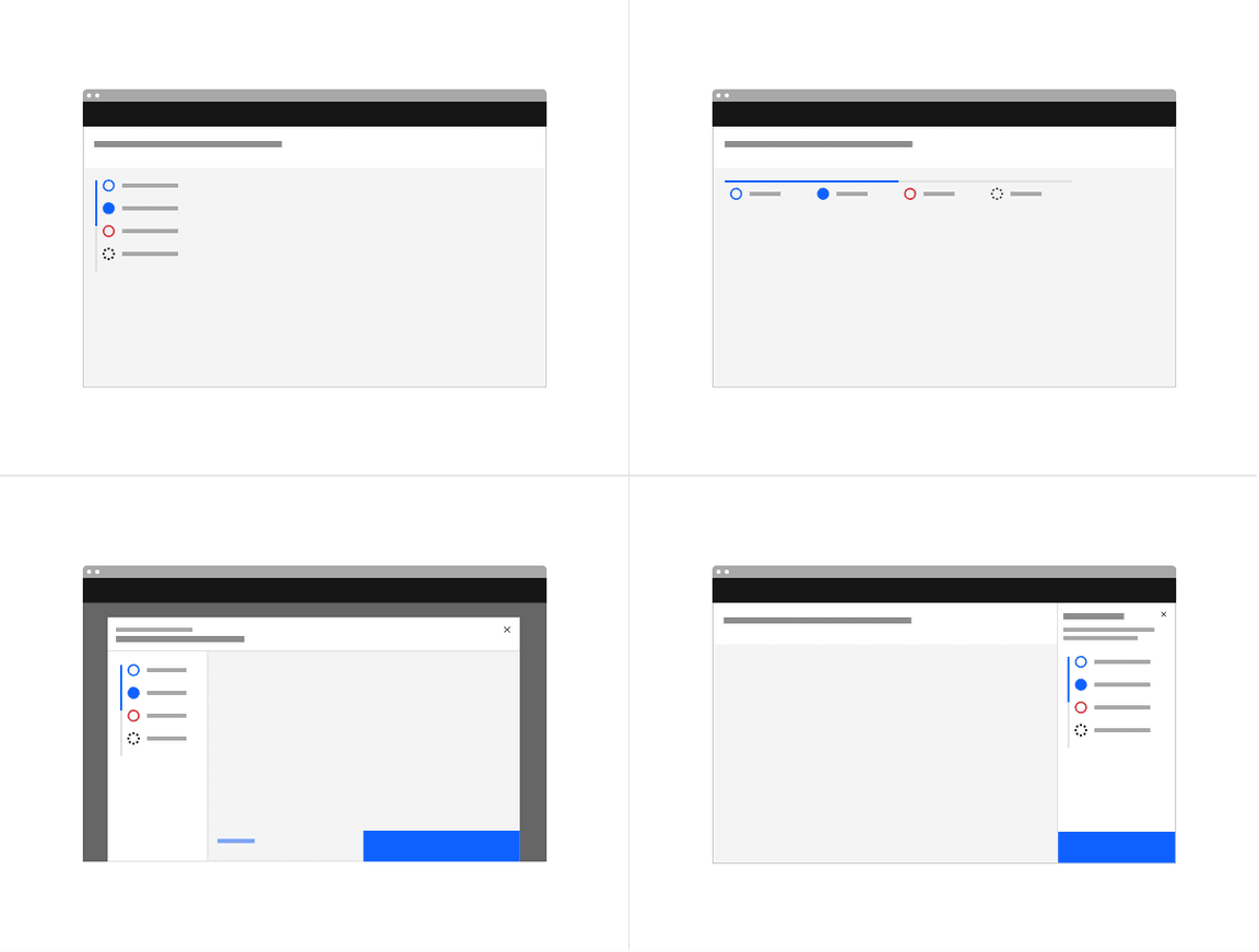 Examples of progress indicators on a full page, tearsheet, and side panel